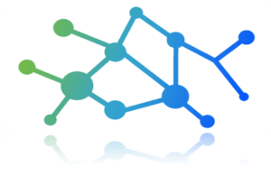 Connected digital network nodes transition from vibrant green to deep blue with a mirror reflection below.
