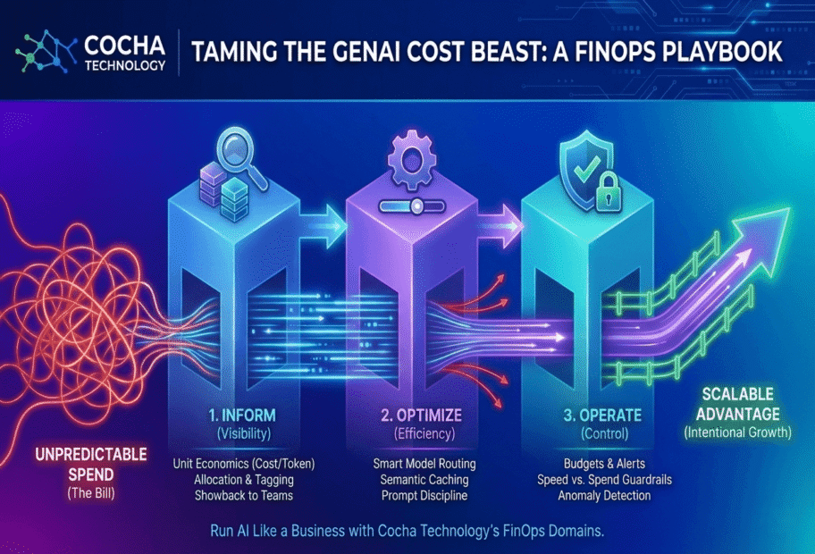 Infographic showing chaotic red lines transforming through three blue pillars—Inform, Optimize, and Operate—into a smooth, upward-trending green arrow for scalable GenAI growth.