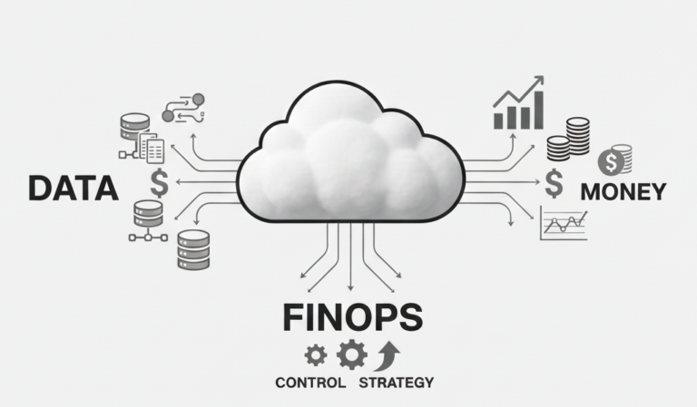 Black and white diagram showing cloud cost optimization and FinOps strategy