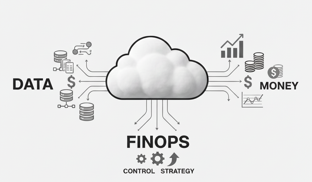 Black and white diagram showing cloud cost optimization and FinOps strategy