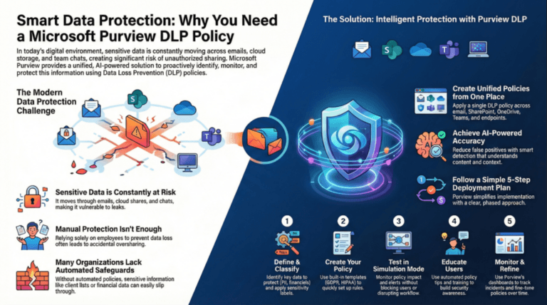 Educational infographic contrasting modern data protection challenges on the left with Microsoft Purview DLP solutions and a 5-step deployment plan on the right.