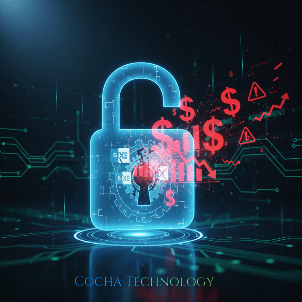Microsoft Licensing: A futuristic digital graphic for Cocha Technology featuring a glowing neon blue padlock surrounded by red dollar signs, declining bar graphs, and circuit board patterns on a dark background.