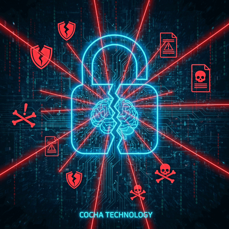AI: A digital security graphic featuring a glowing blue padlock containing a human brain silhouette, with red "shatter" lines and warning icons (skulls and exclamation marks) floating over a circuit board background.