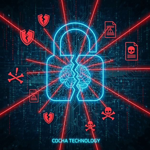 AI: A digital security graphic featuring a glowing blue padlock containing a human brain silhouette, with red "shatter" lines and warning icons (skulls and exclamation marks) floating over a circuit board background.
