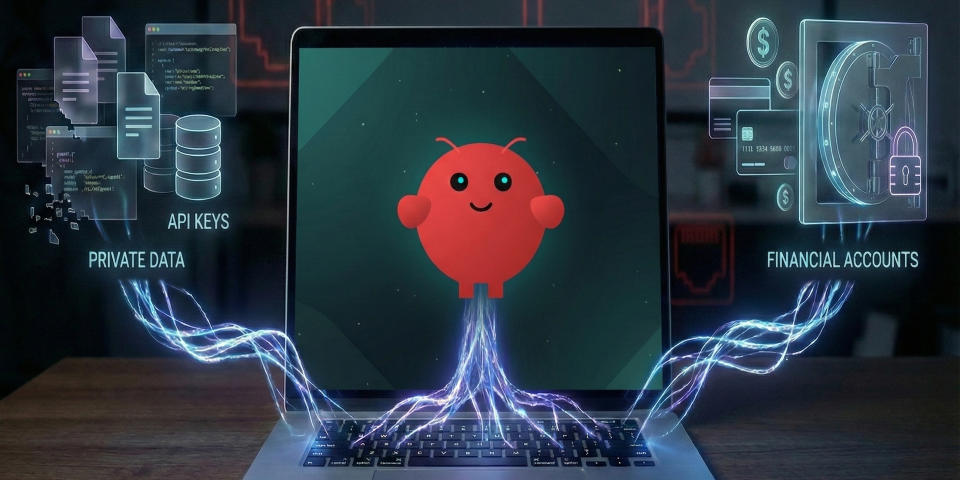 Moltbot Security: a conceptual image showing an AI agent mascot on a laptop screen with glowing energy tendrils reaching into private data, API keys, and financial accounts.