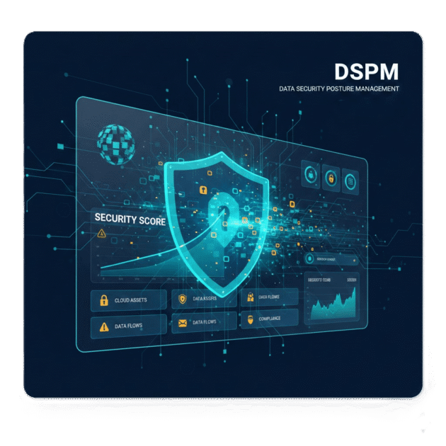 A professional high-tech dashboard for Data Security Posture Management (DSPM) featuring a large glowing teal shield icon in the center of a glass-style interface. The design uses a navy blue and teal color palette with circuit-like data paths and various security metrics.