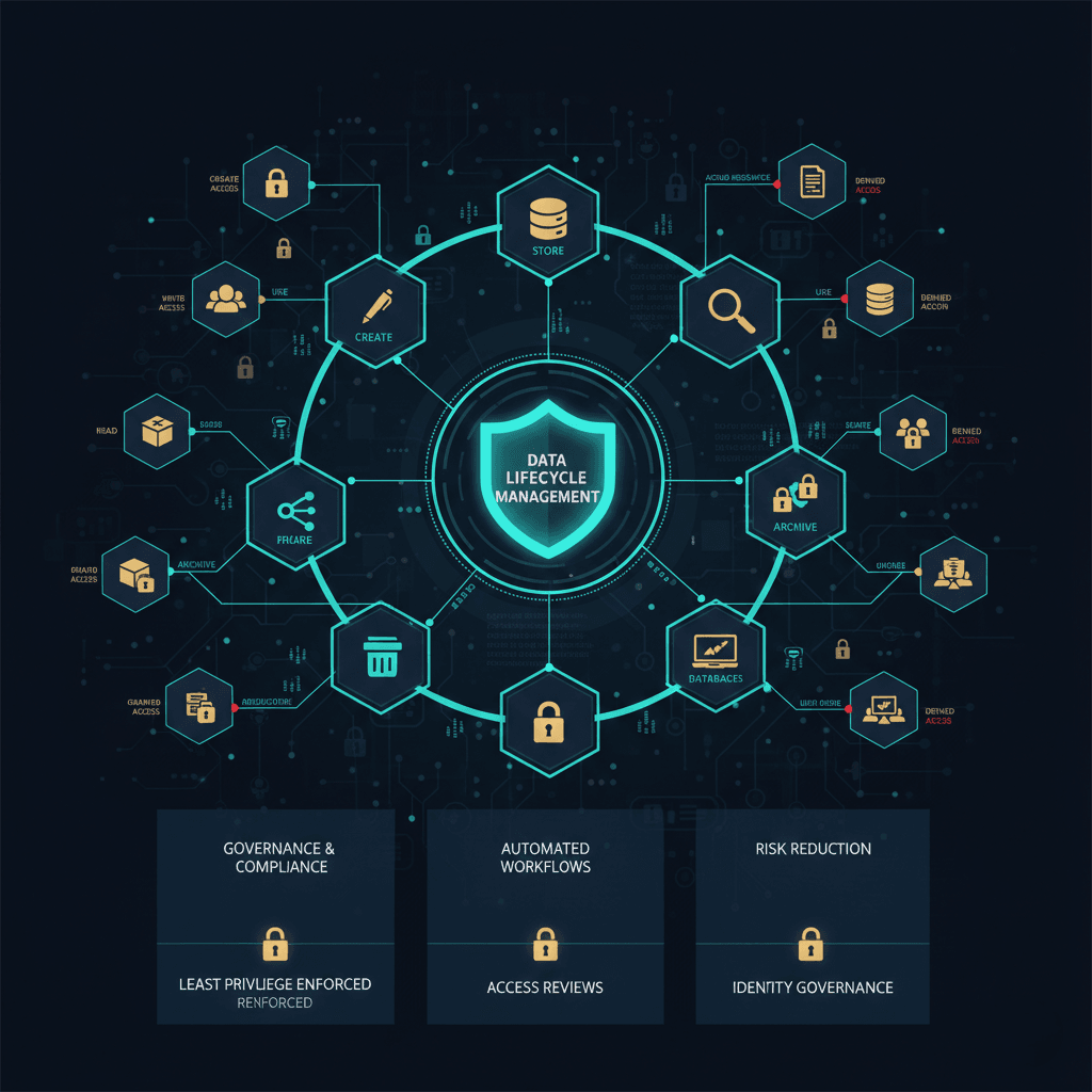 Infographic showing the stages of Data Lifecycle Management including Create, Store, Archive, and Destroy around a central shield.