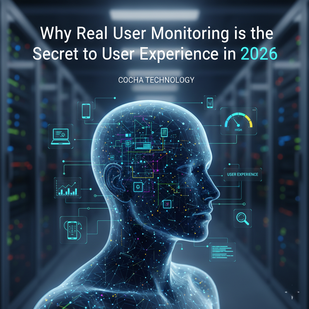 Conceptual digital illustration of Real User Monitoring (RUM) featuring a translucent human profile integrated with data analytics, network nodes, and server room infrastructure.