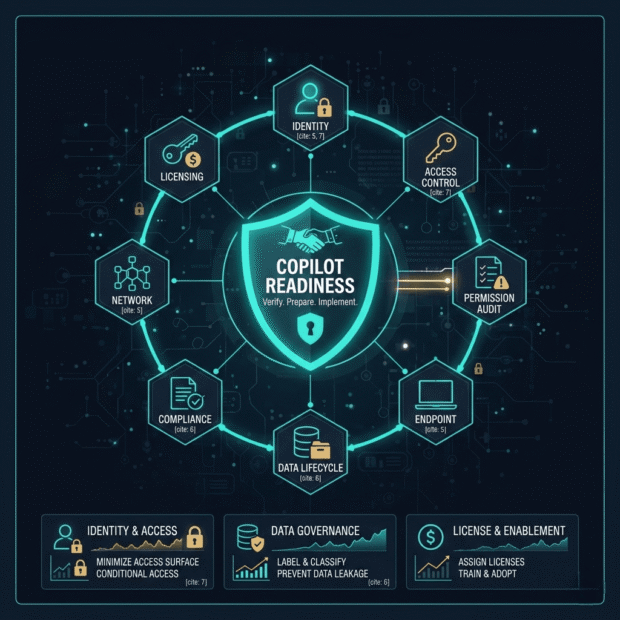 A professional Copilot Readiness infographic showing eight hexagonal nodes like Identity, Licensing, and Compliance surrounding a central security shield.
