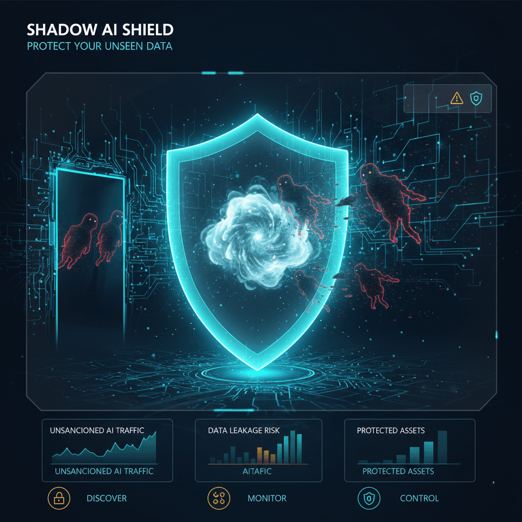A professional cybersecurity dashboard for Shadow AI Protection featuring a glowing teal shield defending against red humanoid figures representing unauthorized AI traffic, set against a navy blue digital background.