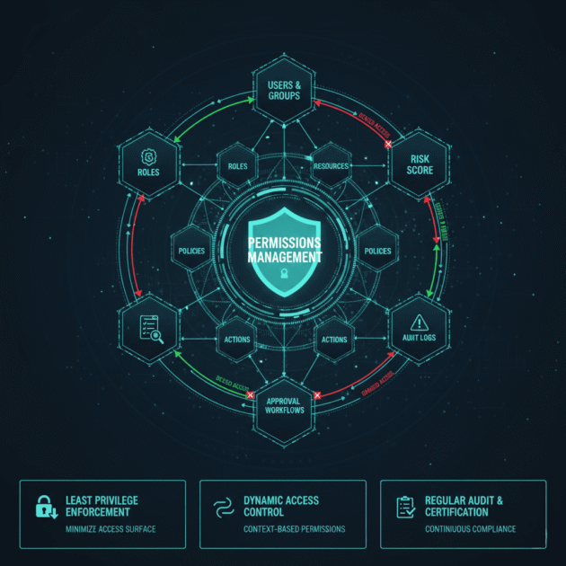 Cybersecurity diagram for Permissions Management illustrating the flow between Users, Roles, Resources, and Risk Scores.