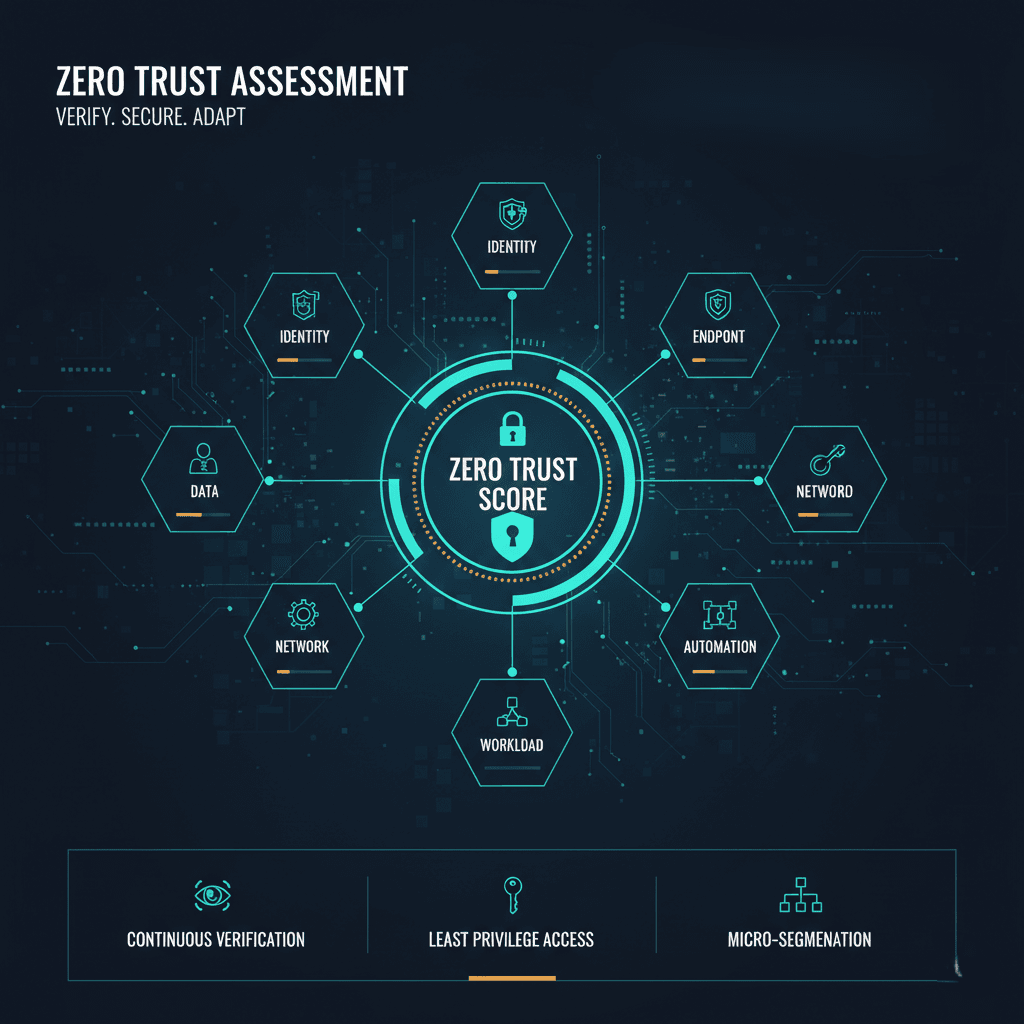A circular cybersecurity diagram illustrating a Zero Trust Assessment with core pillars like Identity, Endpoint, Network, and Data surrounding a central Zero Trust Score.