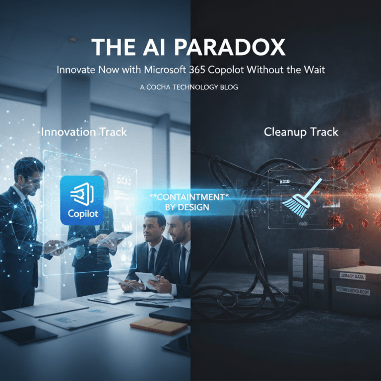 AI Paradox: a split-screen graphic titled "The AI Paradox," contrasting an organized "Innovation Track" using Microsoft 365 Copilot with a messy "Cleanup Track" hindered by legacy data and tangled wires.