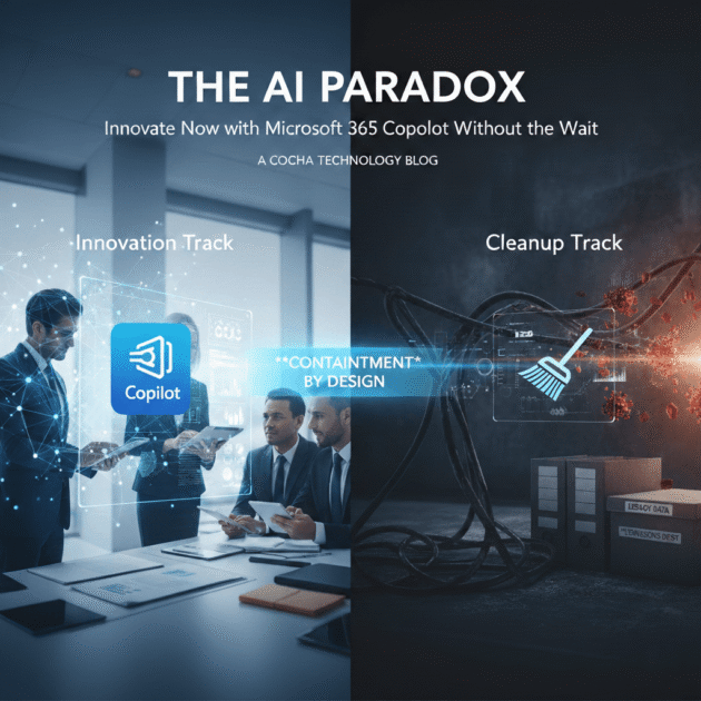 AI Paradox: a split-screen graphic titled "The AI Paradox," contrasting an organized "Innovation Track" using Microsoft 365 Copilot with a messy "Cleanup Track" hindered by legacy data and tangled wires.