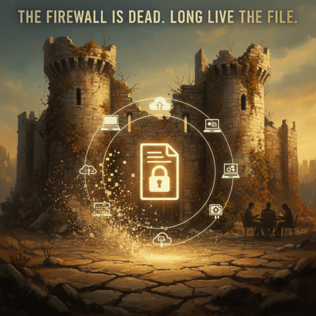 Digital illustration of a glowing, locked file icon centered between crumbling stone towers, symbolizing modern data-centric security and cloud infrastructure.