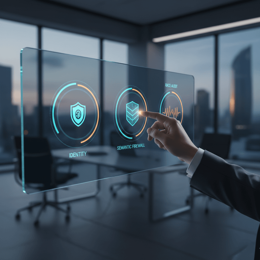 A high-tech digital interface showing three glowing circular controls labeled 'Identity,' 'Semantic Firewall,' and 'RAG Audit,' with a professional hand activating the central dial.