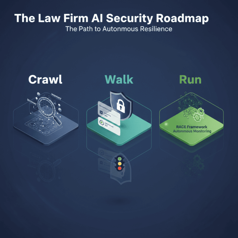 The Law Firm AI: a high-contrast isometric 3-step roadmap diagram labeled "Discovery," "Governance," and "Autonomous Monitoring," showing the transition from data sprawl to a secure AI-ready infrastructure.