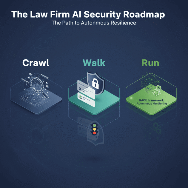 The Law Firm AI: a high-contrast isometric 3-step roadmap diagram labeled "Discovery," "Governance," and "Autonomous Monitoring," showing the transition from data sprawl to a secure AI-ready infrastructure.