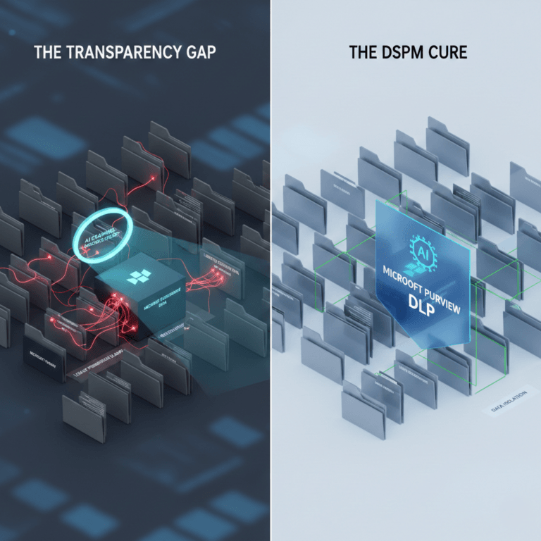 Microsoft 365 DLP: A split-screen 3D visualization showing a chaotic data environment labeled "The Transparency Gap" vs. an organized, shielded environment labeled "The DSPM Cure" with a Microsoft Purview DLP overlay.