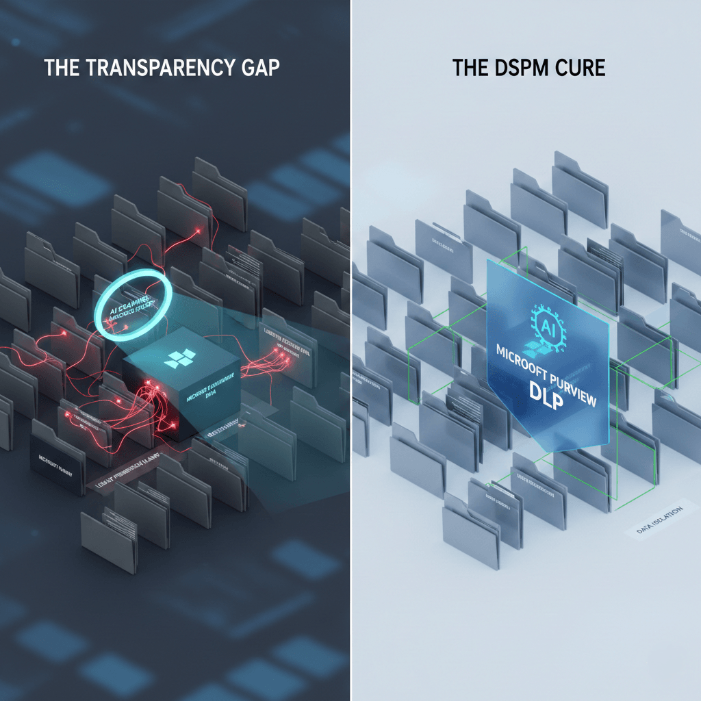 A split-screen 3D visualization showing a chaotic data environment labeled "The Transparency Gap" vs. an organized, shielded environment labeled "The DSPM Cure" with a Microsoft Purview DLP overlay.