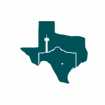 A solid dark teal silhouette of the state of Texas featuring white line-art overlays of the Tower of the Americas and the Alamo, with a small white star marking a central location.