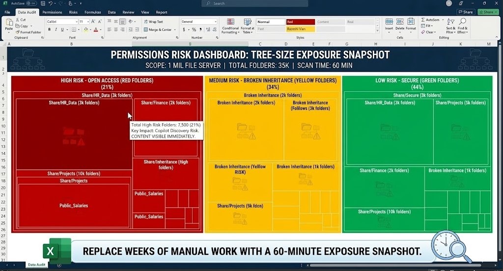 A colorful heat map dashboard in Excel titled "Permissions Risk Dashboard" showing data security risks categorized into high (red), medium (yellow), and low (green) risk zones.