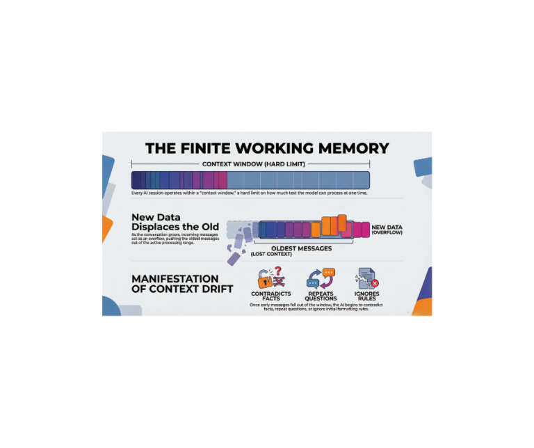 AI Memory Infographic titled "The Finite Working Memory" explaining how AI context windows work, how new data displaces old messages, and the manifestations of context drift like ignored rules or contradicted facts.