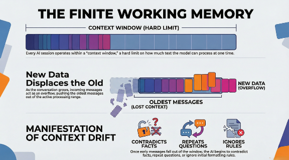 Infographic titled "The Finite Working Memory" explaining how AI context windows work, how new data displaces old messages, and the manifestations of context drift like ignored rules or contradicted facts.