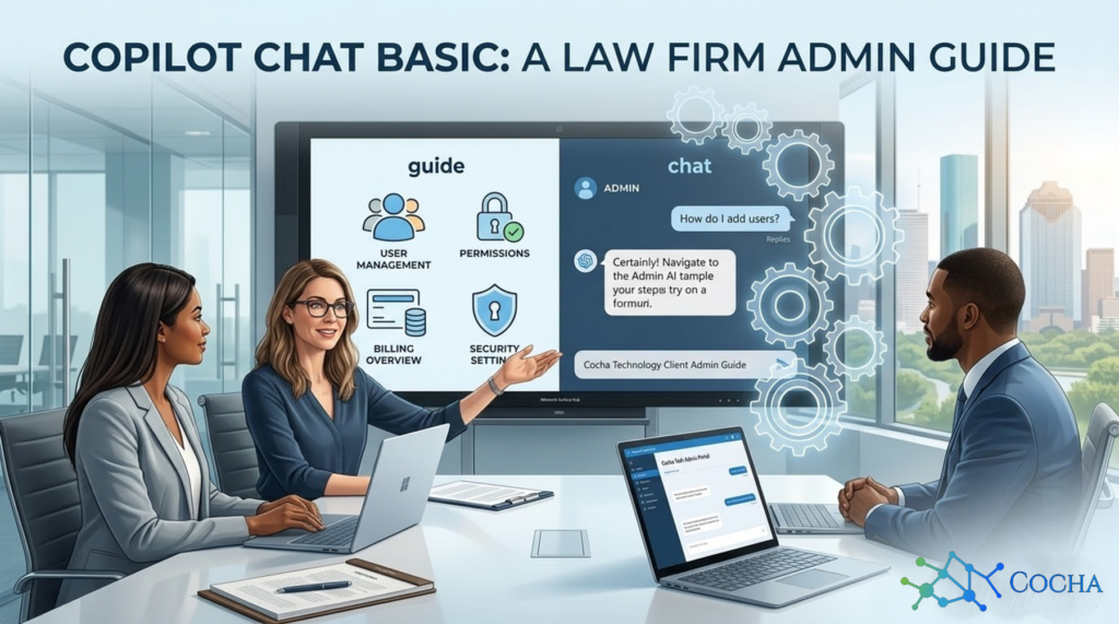 Diverse legal administrators in a high-tech Houston office viewing a "Copilot Chat Basic" guide on a large display and laptop, featuring the Cocha Technology logo.