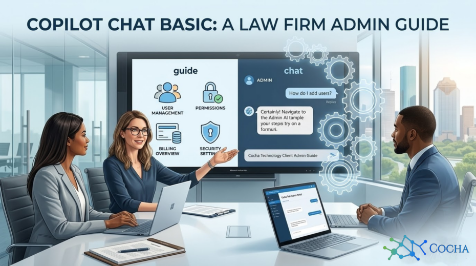 Diverse legal administrators in a high-tech Houston office viewing a "Copilot Chat Basic" guide on a large display and laptop, featuring the Cocha Technology logo.
