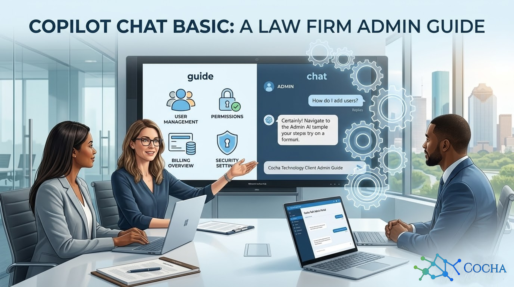 Diverse legal administrators in a high-tech Houston office viewing a "Copilot Chat Basic" guide on a large display and laptop, featuring the Cocha Technology logo.