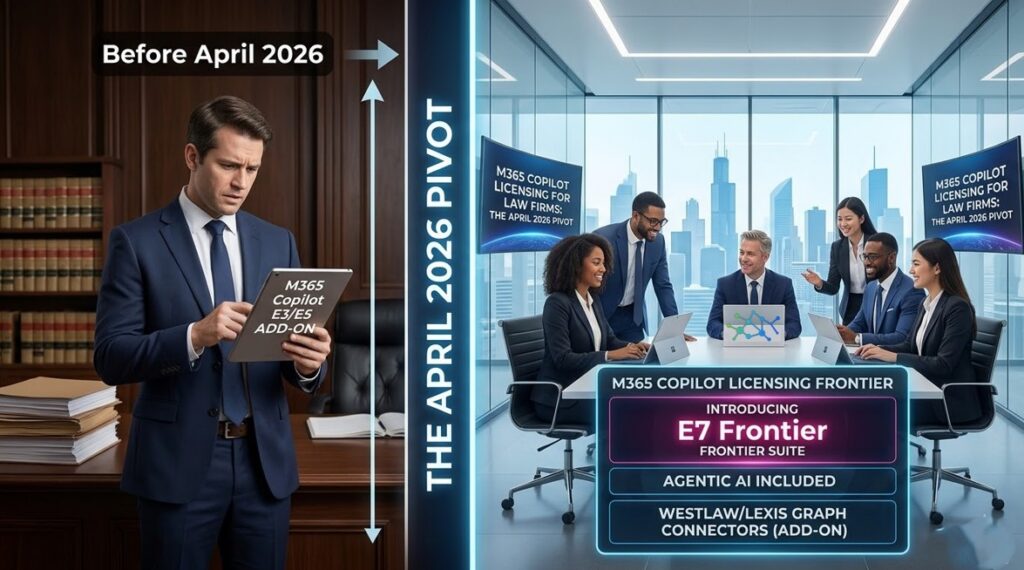 Microsoft 365 Copilot Licensing. Split blog graphic contrasting an older law office with "E3/E5 Copilot Add-on" licensing against a modern firm using the "M365 Frontier Suite."