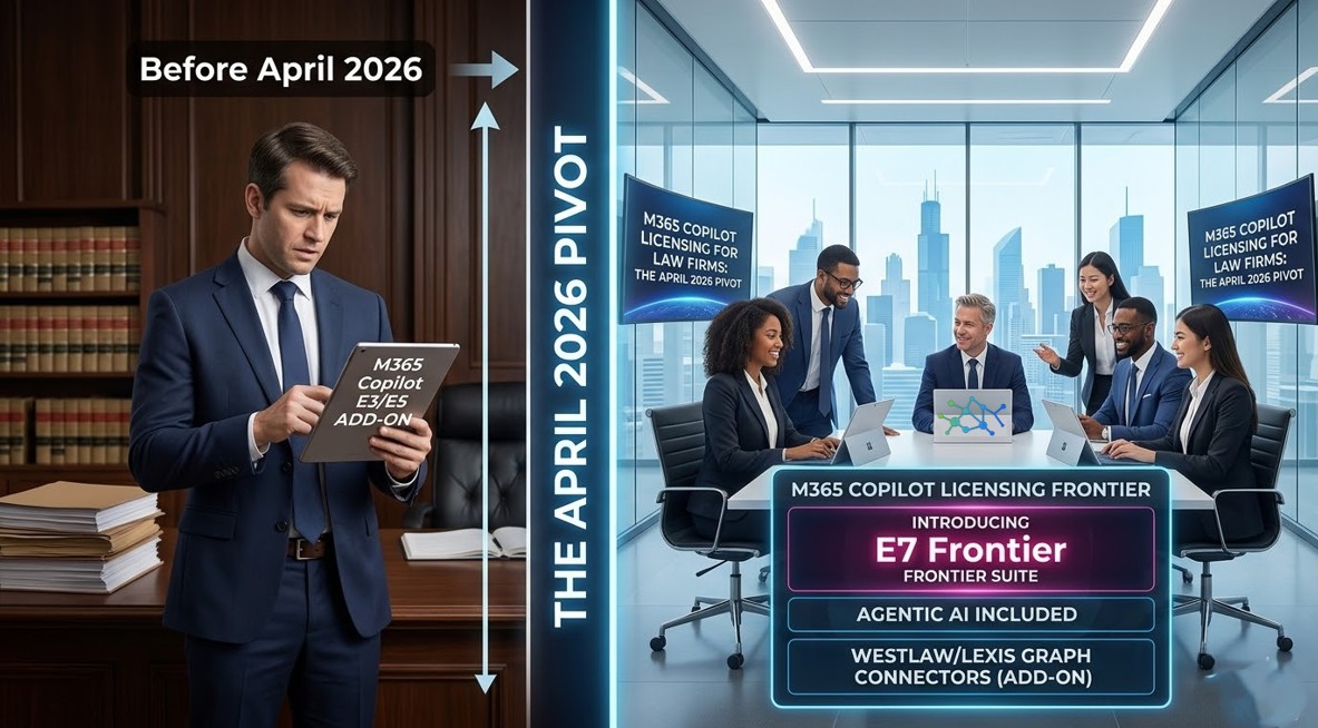 Split blog graphic contrasting an older law office with "E3/E5 Copilot Add-on" licensing against a modern firm using the "M365 Frontier Suite."