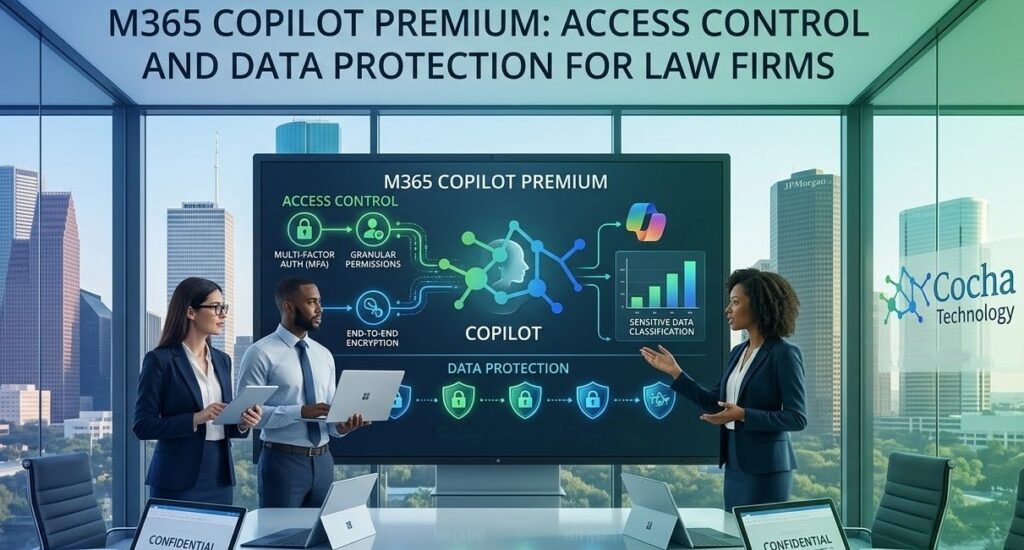 Modern graphic showing legal professionals in a Houston conference room using "M365 Copilot Premium." A large display highlights "Access Control" with MFA and permissions, and "Data Protection" with encryption and DLP, featuring the Cocha Technology logo.