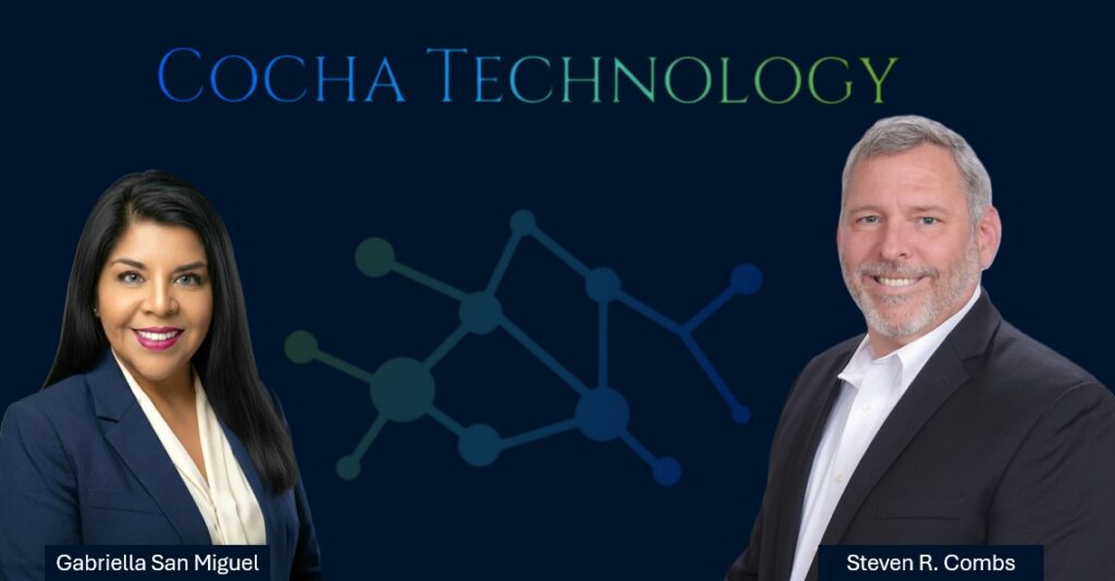 A professional banner for Cocha Technology featuring the headshots of President Gabriella San Miguel on the left and Steven R. Combs on the right. They are set against a dark blue background with a subtle geometric network pattern and the company name at the top.