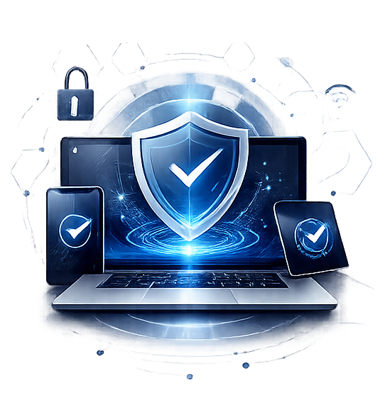 A group of secured devices including a laptop, smartphone, and tablet protected by a glowing digital shield icon.