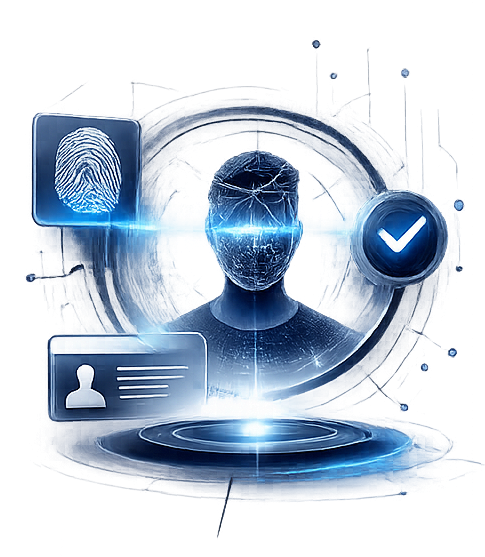 Digital biometric identity verification interface showing a fingerprint and facial scan for secure Zero Trust access.