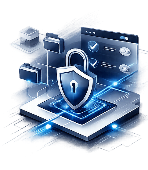 A secure digital lock and shield icon over a server platform, representing controlled user access and data protection.