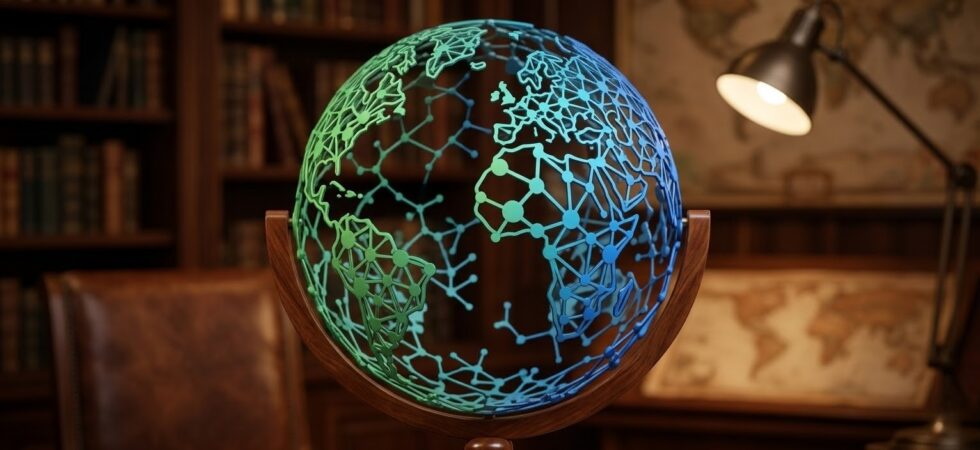 Distinguishing Cocha Technology: A 3D digital globe showing a stylized network of interconnected nodes in green and blue (Cocha Technology's logo), displayed in a professional library setting.