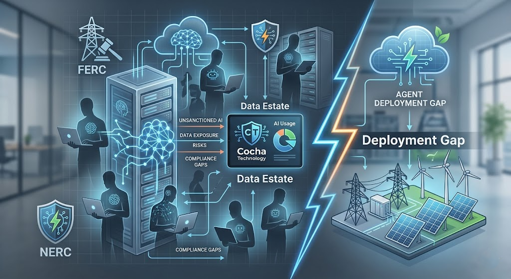 Regulatory Compliance: A complex cybersecurity and energy infrastructure graphic for Cocha Technology titled "Regulatory Compliance and Agents in Energy." The left side shows server towers and figures with AI nodes labeled with "FERC" and "NERC" compliance warnings. The right side features a power grid with wind turbines and solar panels under a lightning bolt, labeled "Agent Deployment Gap."