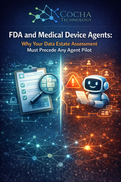 FDA and medical devices agent security: A professional cybersecurity and medical compliance graphic for Cocha Technology titled "FDA and Medical Device Agents." The image features a split-screen design: the left side shows a medical quality checklist with a magnifying glass over blue data nodes, while the right side shows a friendly AI robot holding a document amidst orange-glowing risk nodes and a warning icon.