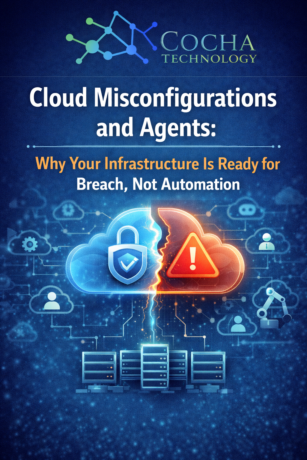 Cloud Misconfiguration: A dramatic digital illustration for Cocha Technology titled "Cloud Misconfigurations and Agents." The graphic shows a cloud split in two by a lightning bolt: one half is blue with a "shield and checkmark" icon (Secure), and the other half is glowing orange with a "warning" icon (Breach Risk). Below the cloud, a series of server racks are connected by a glowing data network.