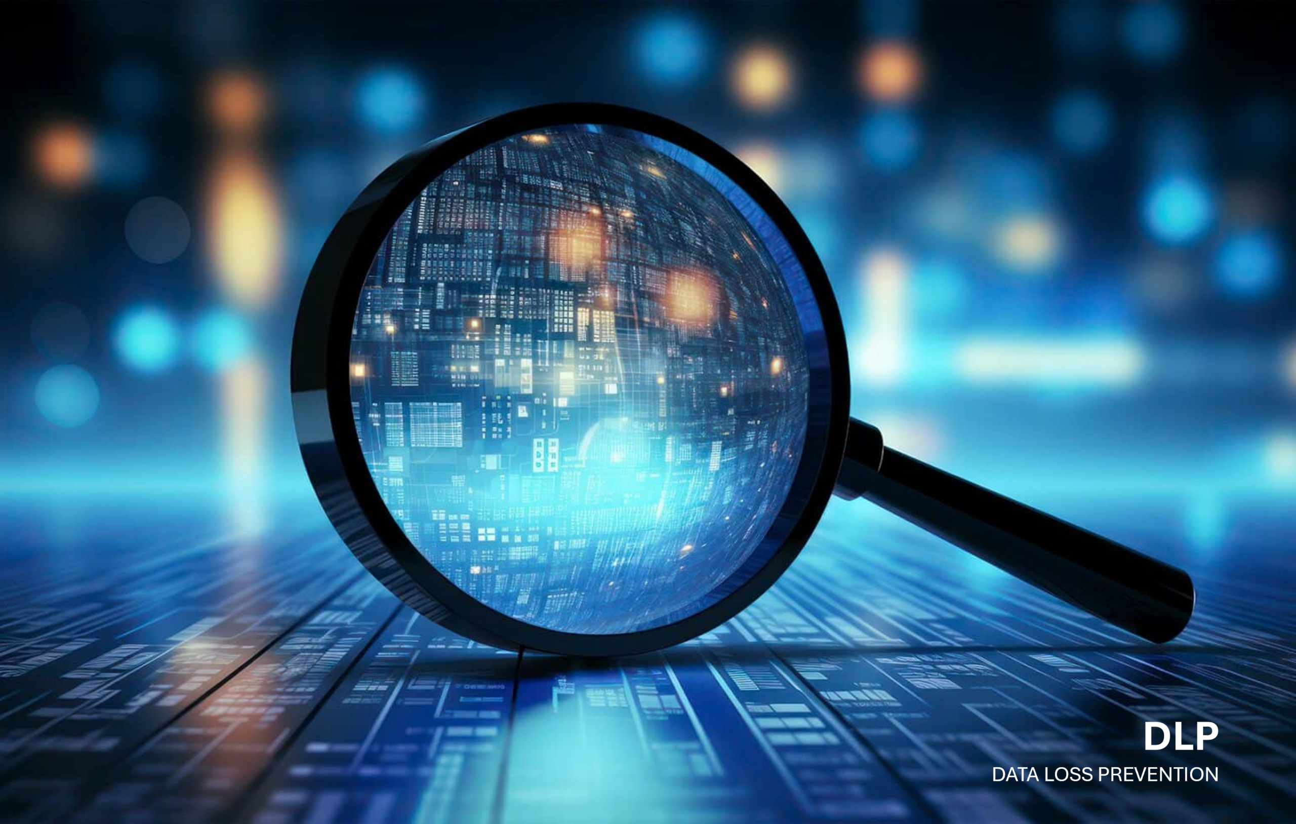 A high-tech visualization of a magnifying glass inspecting a complex digital data grid with the text "DLP DATA LOSS PREVENTION" in the corner.