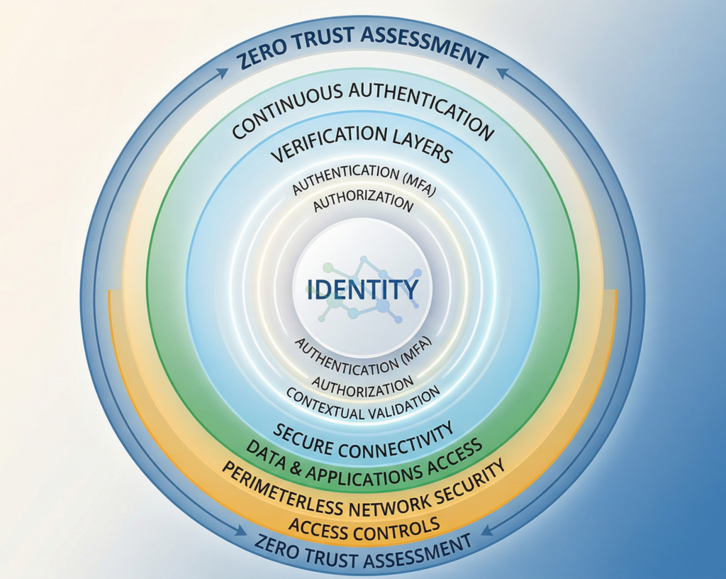 A concentric circular diagram illustrating the Cocha Technology Zero Trust Assessment model, radiating outward from a central "IDENTITY" core through multiple "Verification Layers," "Secure Connectivity," and "Access Controls" to create a complete security perimeter.
