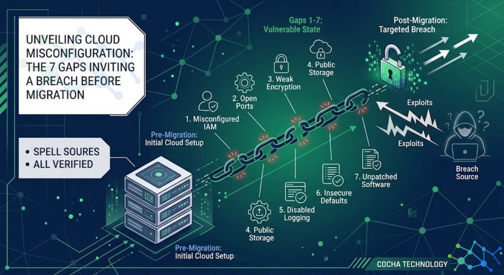 Cloud Infrastructure Misconfiguration: A professional isometric infographic in navy blue, green, and white for Cocha Technology. It features a literal "broken chain" metaphor representing seven security gaps: Misconfigured IAM, Open Ports, Weak Encryption, Public Storage, Disabled Logging, Insecure Defaults, and Unpatched Software. The graphic shows these gaps leading from a pre-migration setup to a post-migration targeted breach.