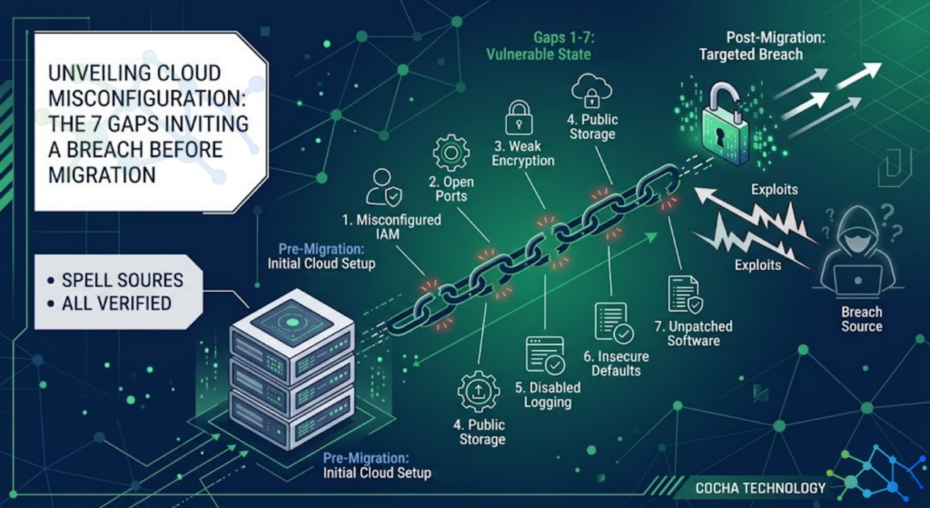 Cloud Infrastructure Misconfiguration: A professional isometric infographic in navy blue, green, and white for Cocha Technology. It features a literal "broken chain" metaphor representing seven security gaps: Misconfigured IAM, Open Ports, Weak Encryption, Public Storage, Disabled Logging, Insecure Defaults, and Unpatched Software. The graphic shows these gaps leading from a pre-migration setup to a post-migration targeted breach.