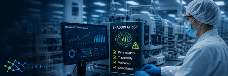 Shadow AI and Medical Device Manufacturing Validation Risks: A professional digital banner for Cocha Technology showing a technician in a medical manufacturing lab wearing a face mask and hairnet. A monitor displays "Manufacturing Data" charts, while a holographic overlay highlights "Shadow AI Risk" with a checklist for Data Integrity, Traceability, Validation, and Compliance.