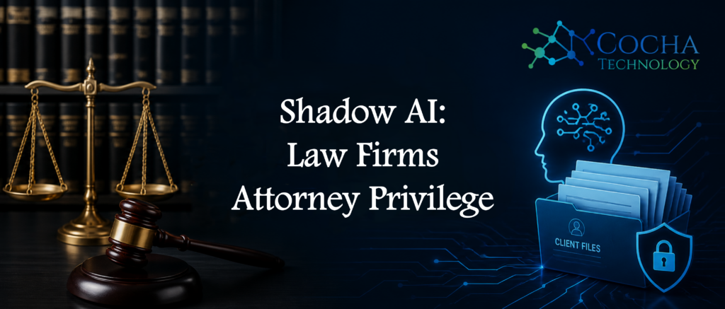 Shadow AI: a professional digital banner featuring a judge's gavel, scales of justice, and law books on the left, with a digital "client files" folder icon and a glowing AI brain profile on the right.