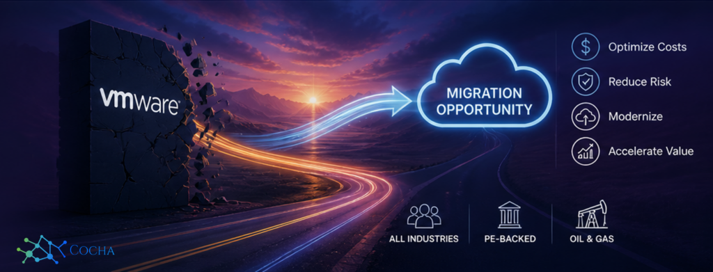 VMware to Azure Migration Strategy Post-Broadcom Acquisition: A professional digital banner for Cocha Technology showing a crumbling stone monolith with the VMware logo. A bright energy stream flows from the monolith toward a glowing cloud labeled "Migration Opportunity." The background features a winding road through mountains at sunset.