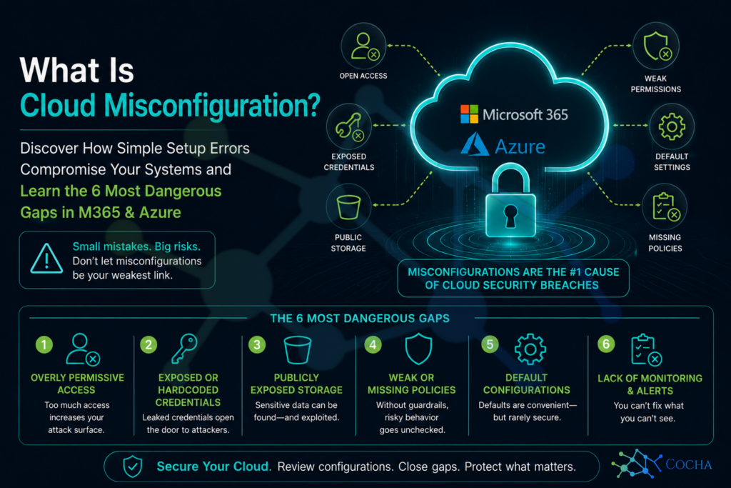 what is cloud misconfiguration? A professional isometric infographic with a predominant royal blue and bright lime green color palette. The graphic illustrates six key cloud misconfiguration risks: IAM/RBAC Gaps, Open Ports, Data Discovery failures, MFA Disabled, Logging Failure, and Insecure Defaults. A central arrow labeled "MISCONFIGURATION BREACH PATH" shows these gaps compromising an M365 environment and flowing to an "Azure Environment" with red "COMPROMISED SYSTEMS" text. Lower arrows point towards an "AI Readiness Assessment" and "Data Governance Review" as solutions.